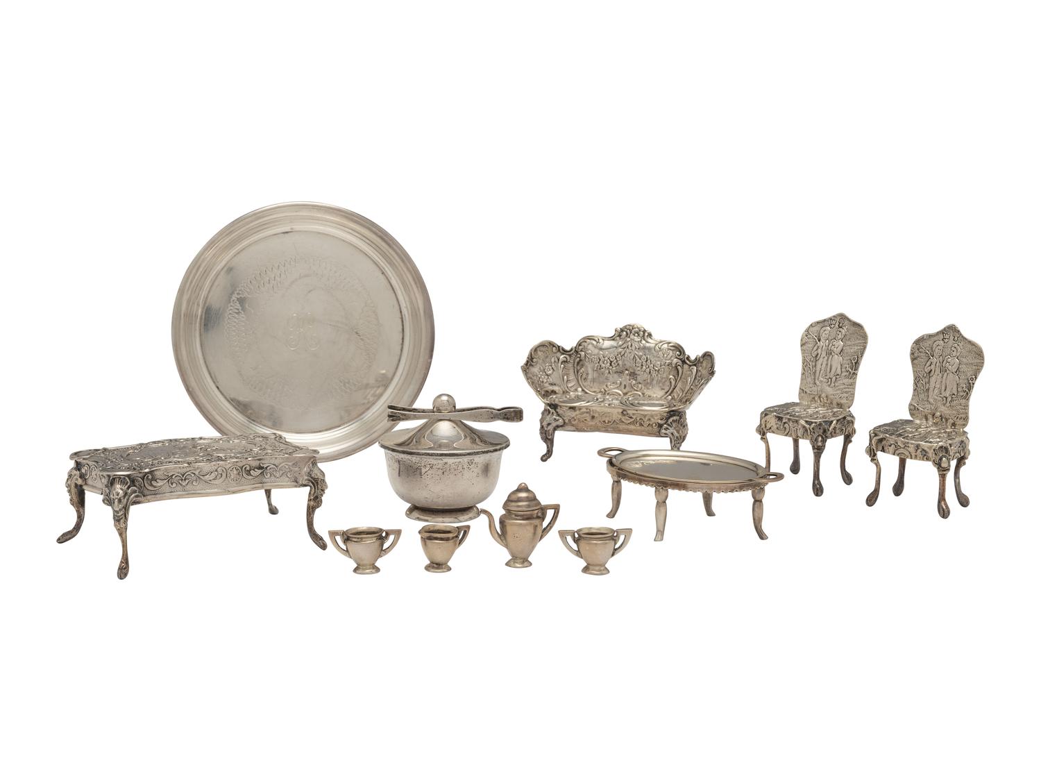 Thirteen Miniature Silver Furniture Articles