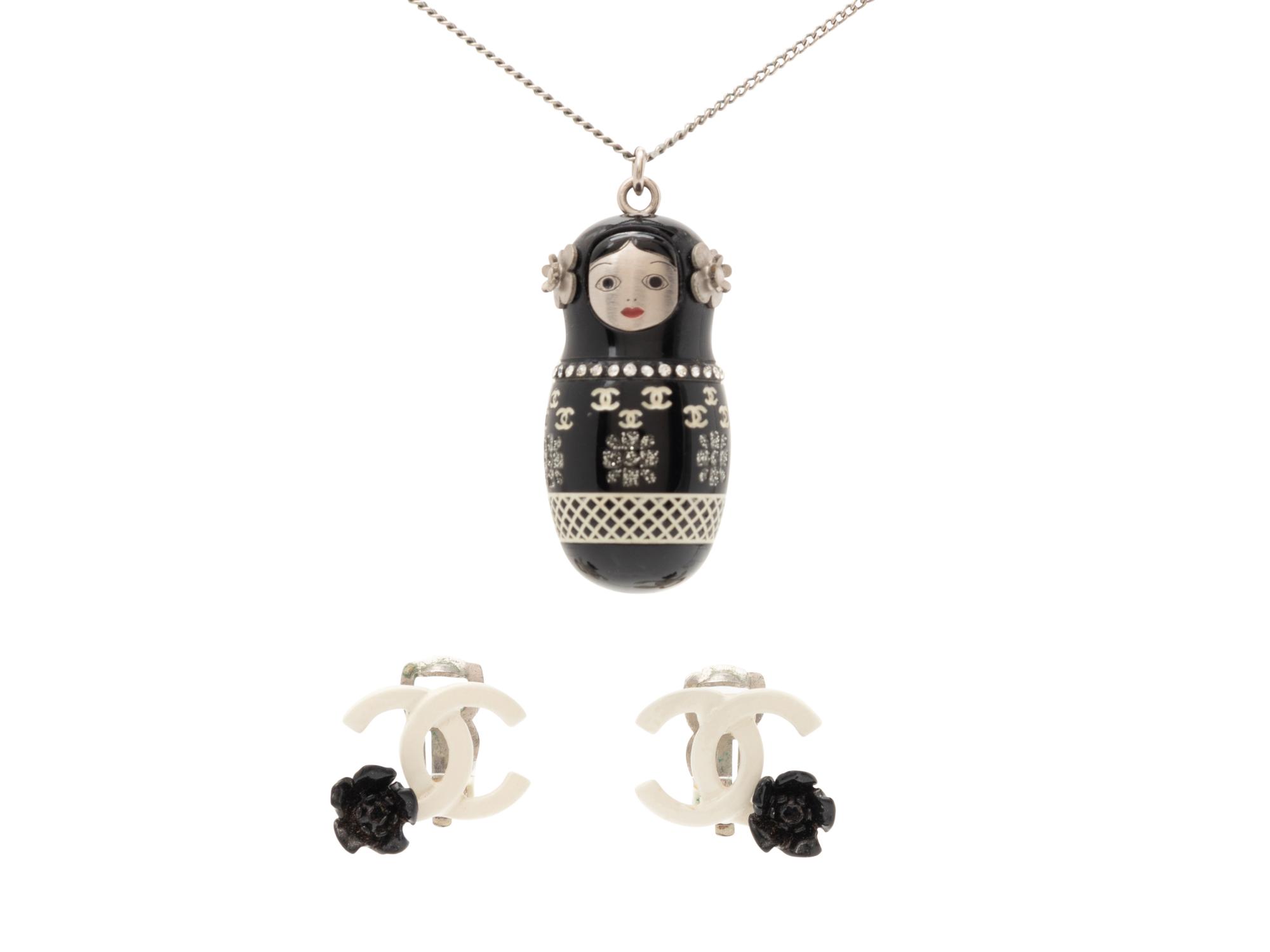 Chanel Stacking Doll Necklace, 2009 with CC Ear Clips, 2004