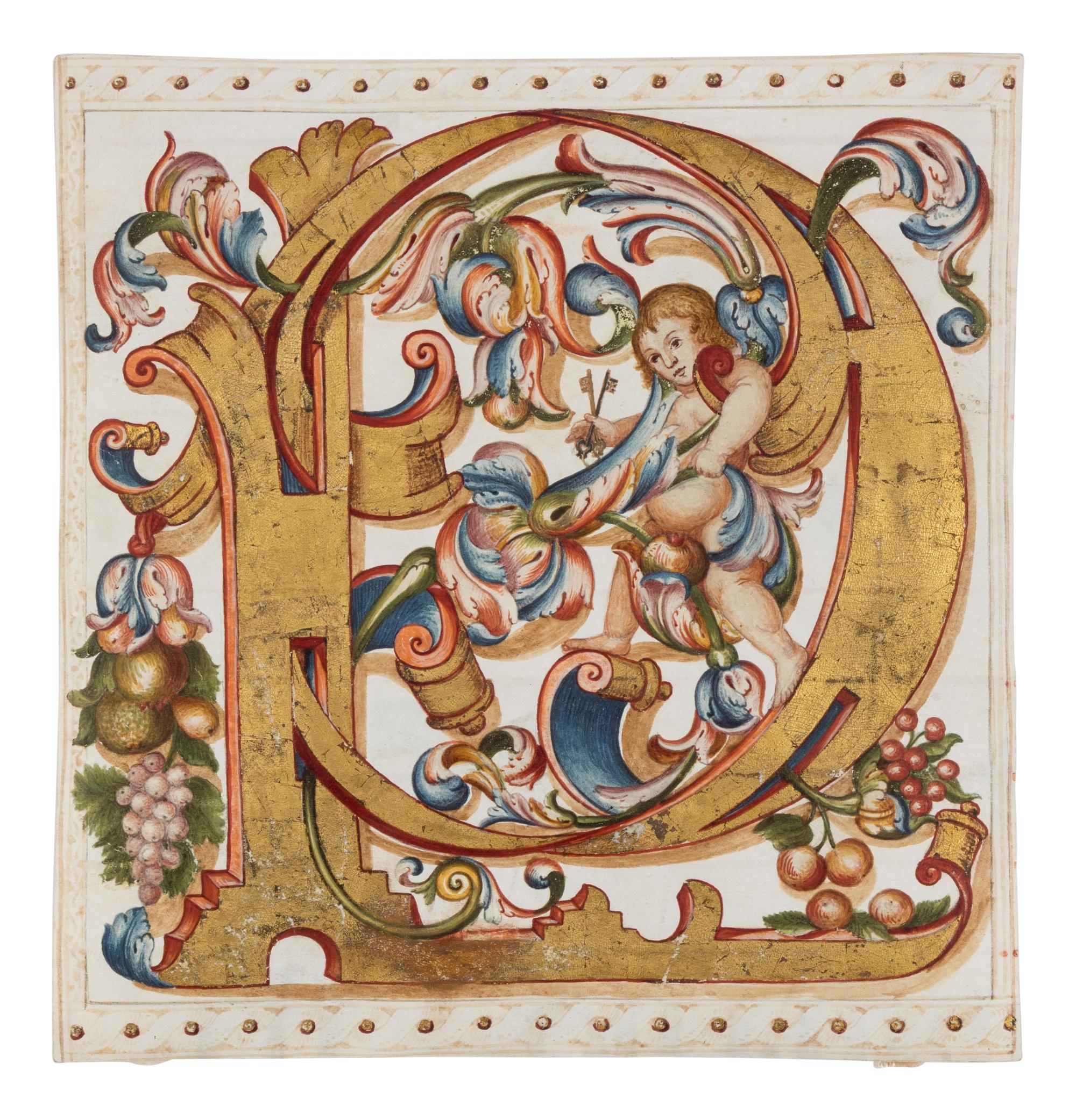 ANONYMOUS SPANISH ILLUMINATOR Cutting from a Gradual or Antiphonal with illuminated initial ‘P’ with putto holding Keys of Saint Peter, in Latin, illuminated manuscript on parchment [Spain, Seville? c. 1600]