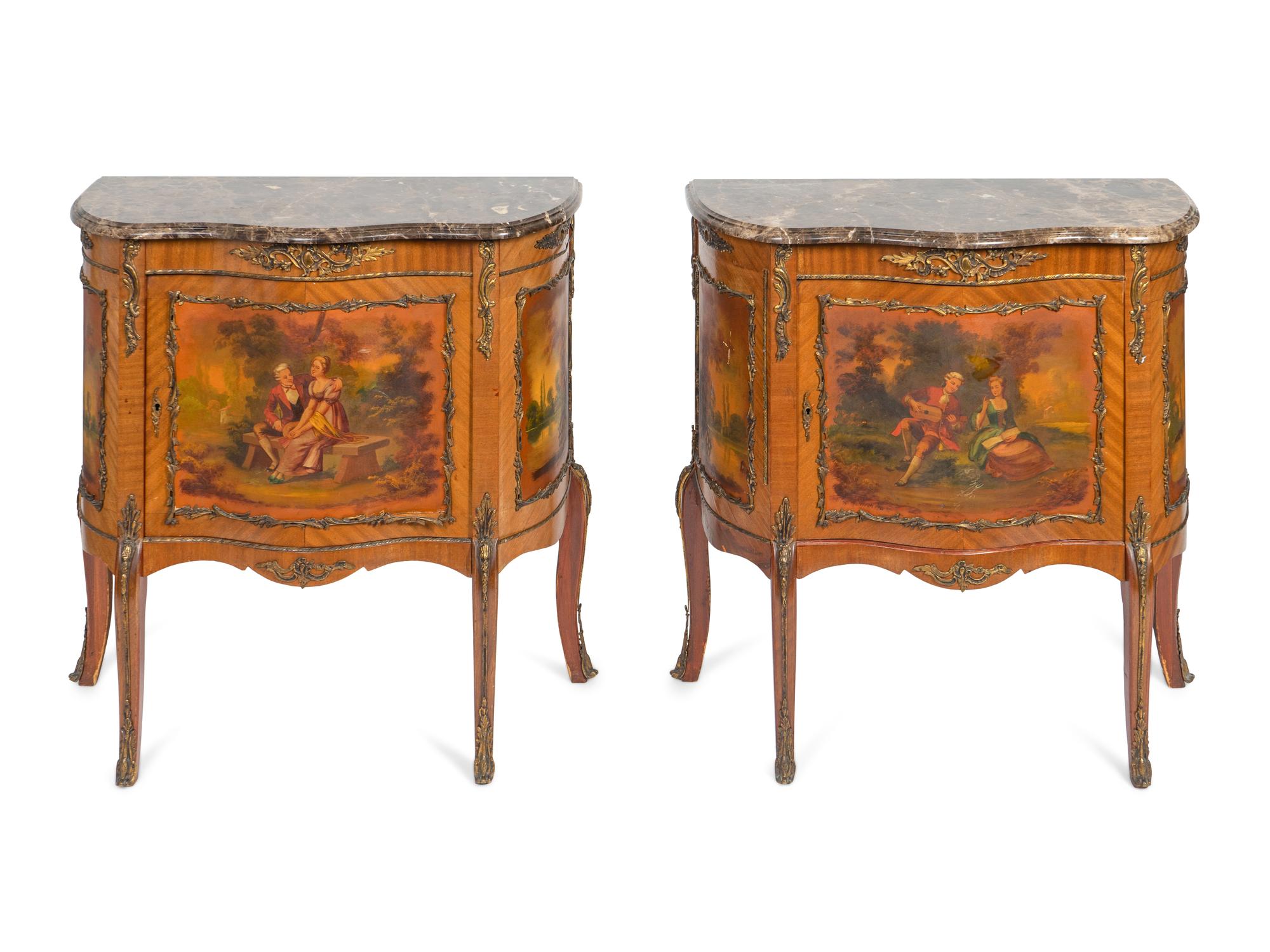 A Pair of Louis XV Style Vernis Martin Bedside Commodes