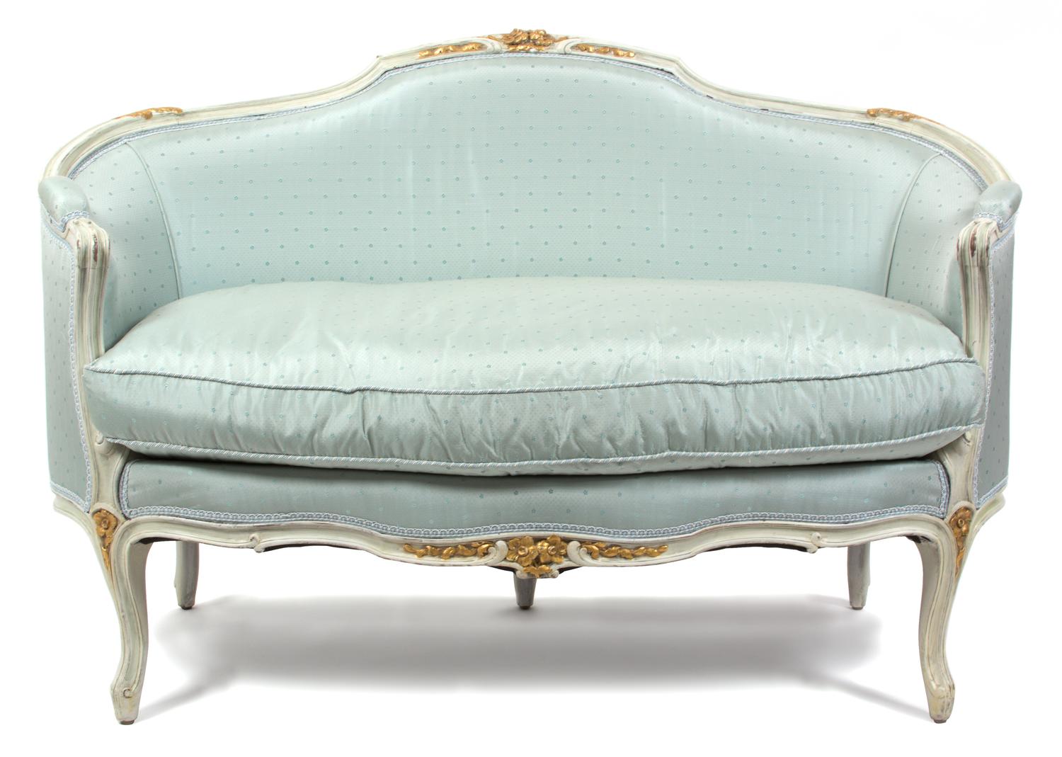 A Louis XV Style Painted Parlour Suite Height of settee 36 x width 56 x depth 28 inches. — 20TH CENTURY