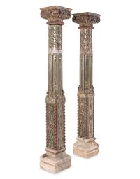 A Pair of Continental Carved and Painted Wood Columns