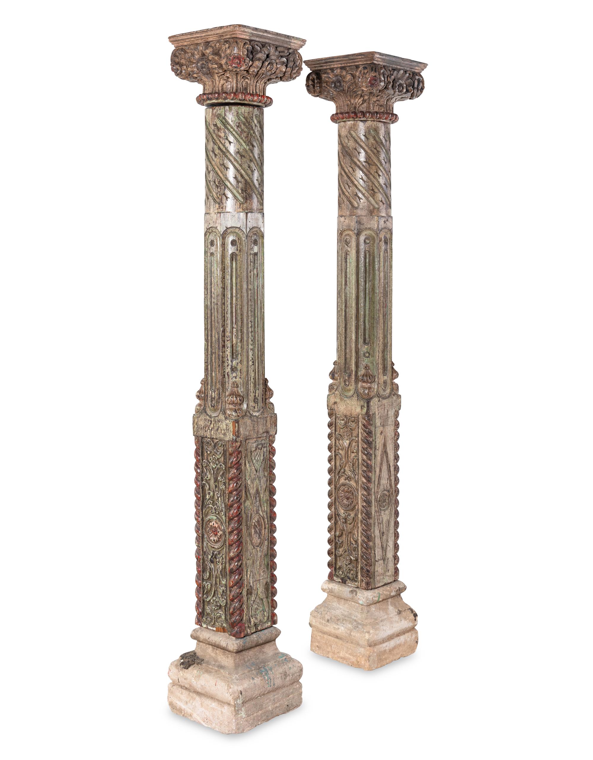 A Pair of Continental Carved and Painted Wood Columns