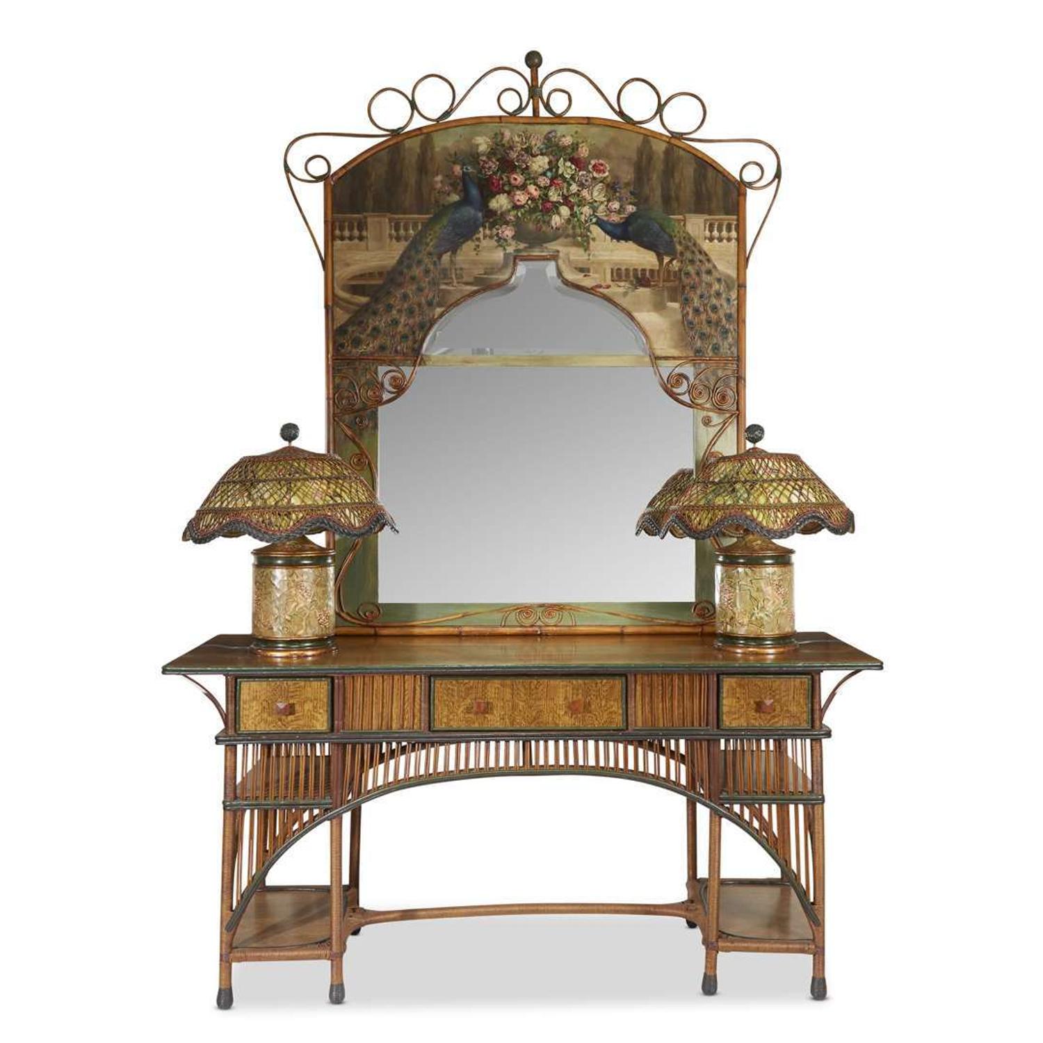 A large polychrome painted stick and ball rattan mirror with peacocks american, circa 1900