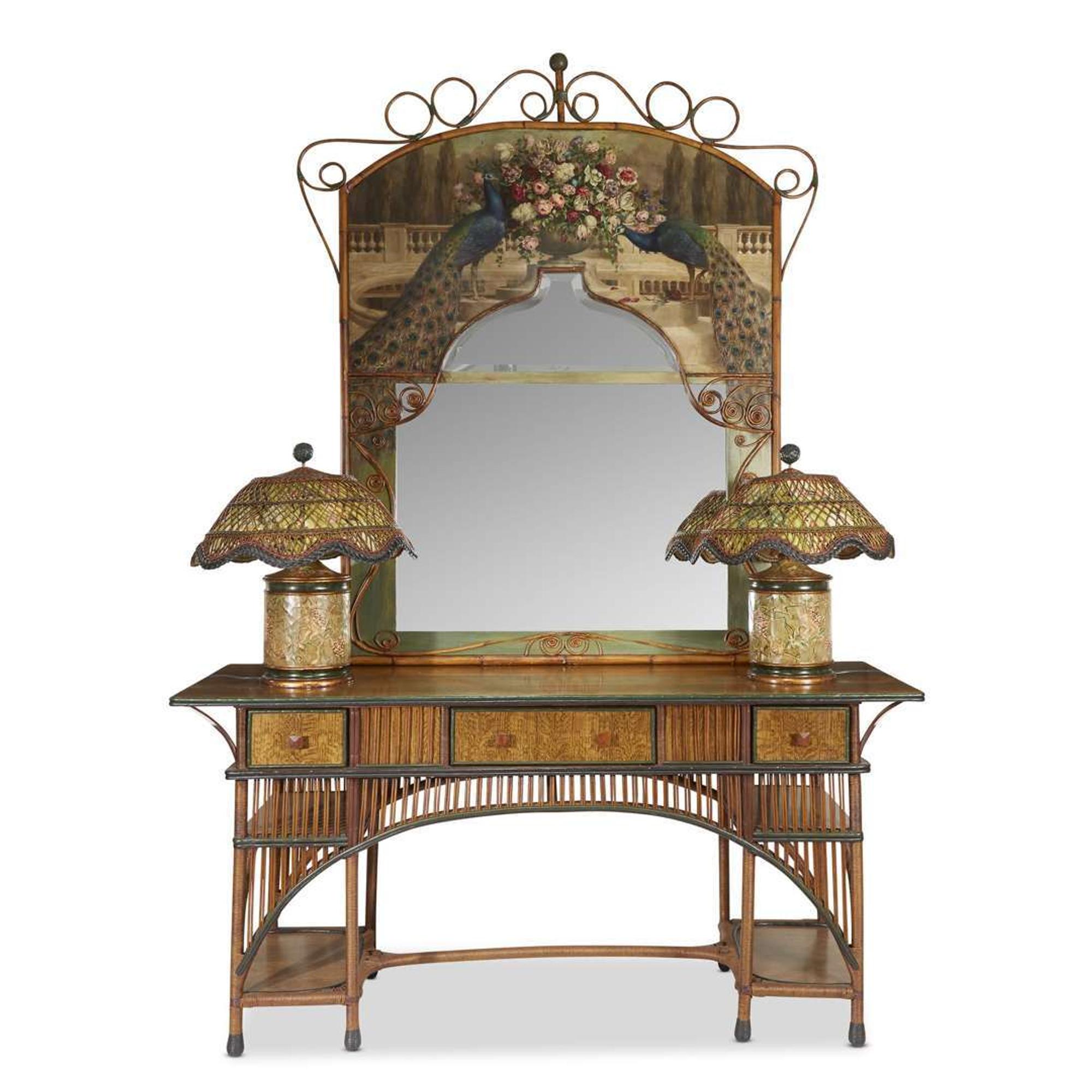 A large polychrome painted stick and ball rattan mirror with peacocks american, circa 1900
