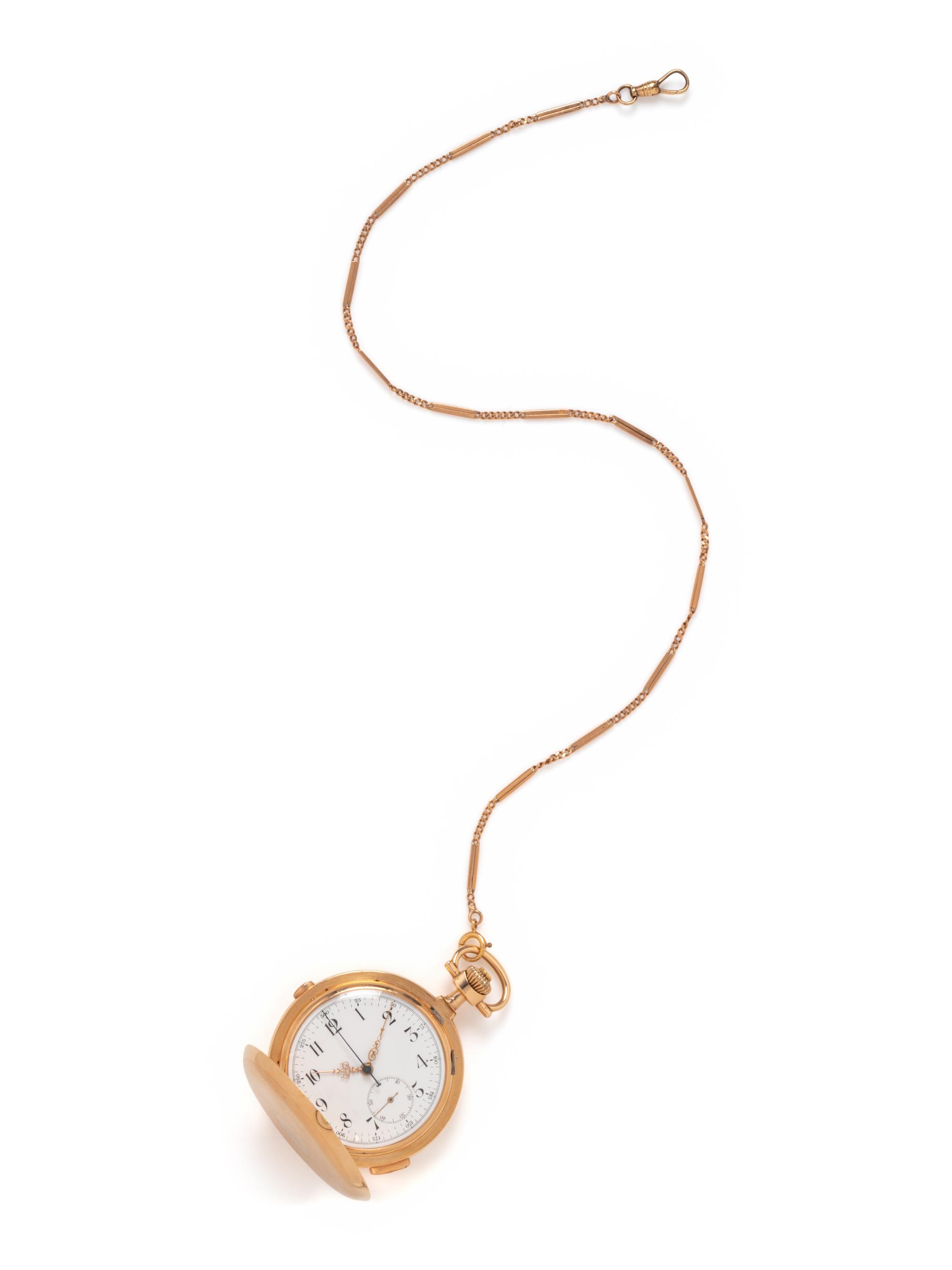 14K YELLOW GOLD HUNTER CASE CHRONOGRAPH REPEATER POCKET WATCH AND FOB CHAIN