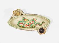 An unusual enameled pottery boat-shaped vessel, Makuzu Kozan, Meiji period 日本船型瓷 宮川香山 明治