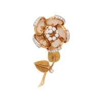FRENCH, YELLOW GOLD, DIAMOND ARTICULATED FLOWER BROOCH