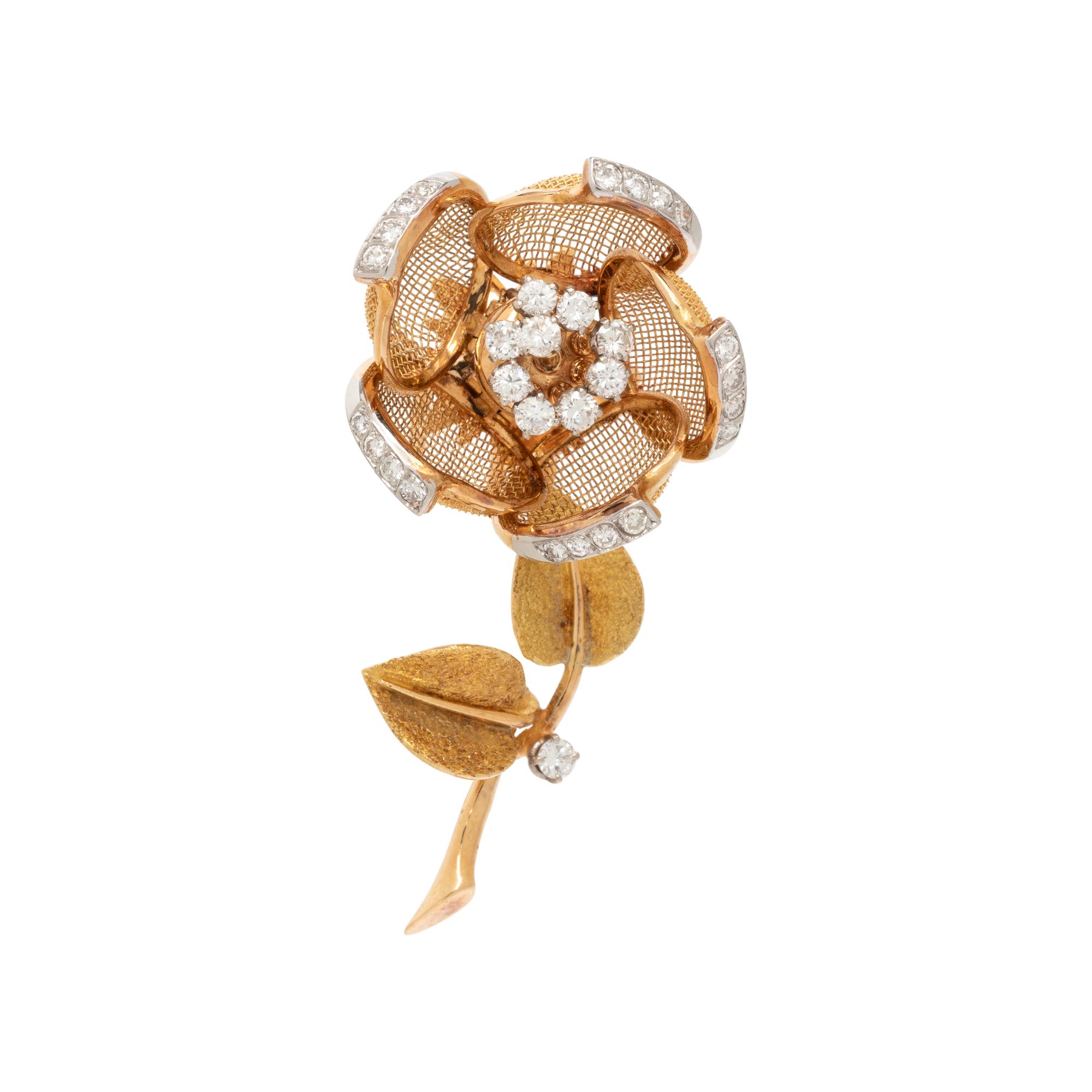 FRENCH, YELLOW GOLD, DIAMOND ARTICULATED FLOWER BROOCH