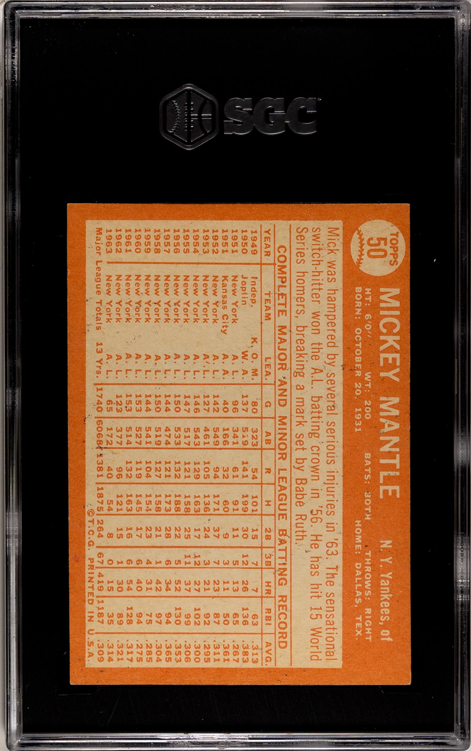 A 1964 Topps Mickey Mantle Baseball Card No. 50 (SGC 5.5 EX+)