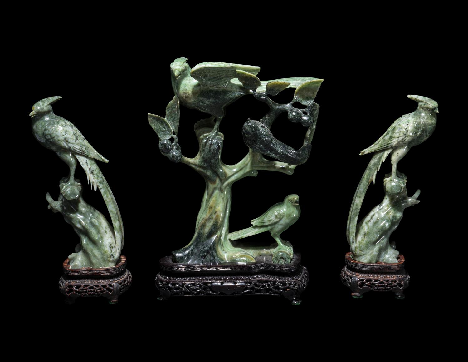 Three Chinese Green Jadeite Figures of Birds