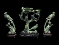 Three Chinese Green Jadeite Figures of Birds