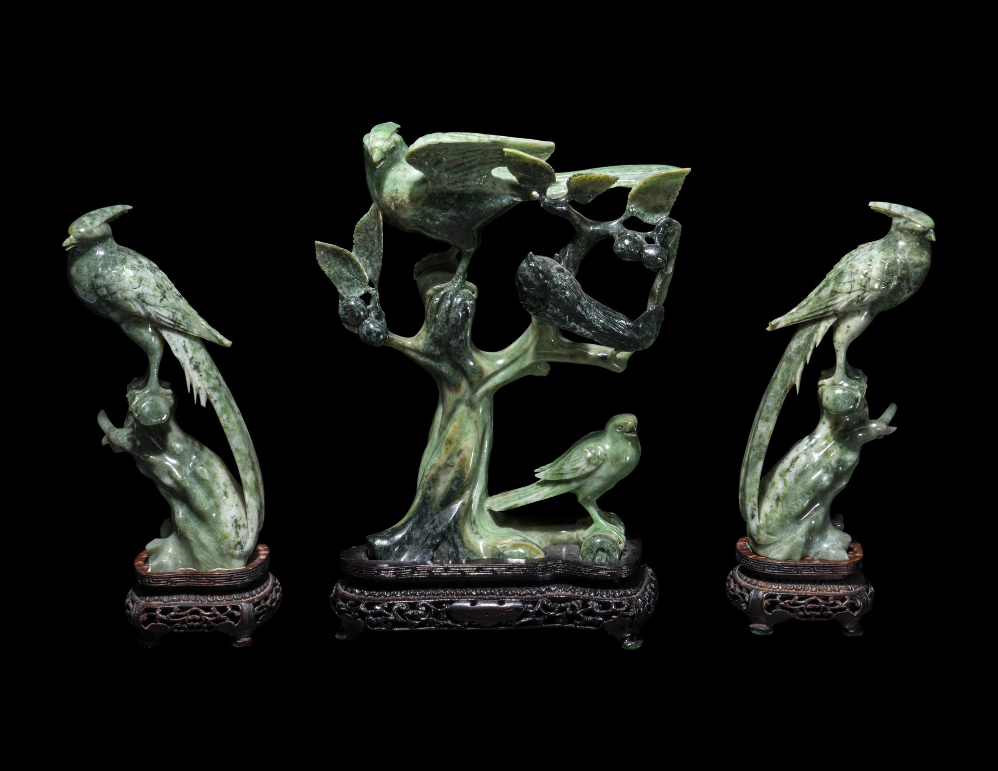 Three Chinese Green Jadeite Figures of Birds