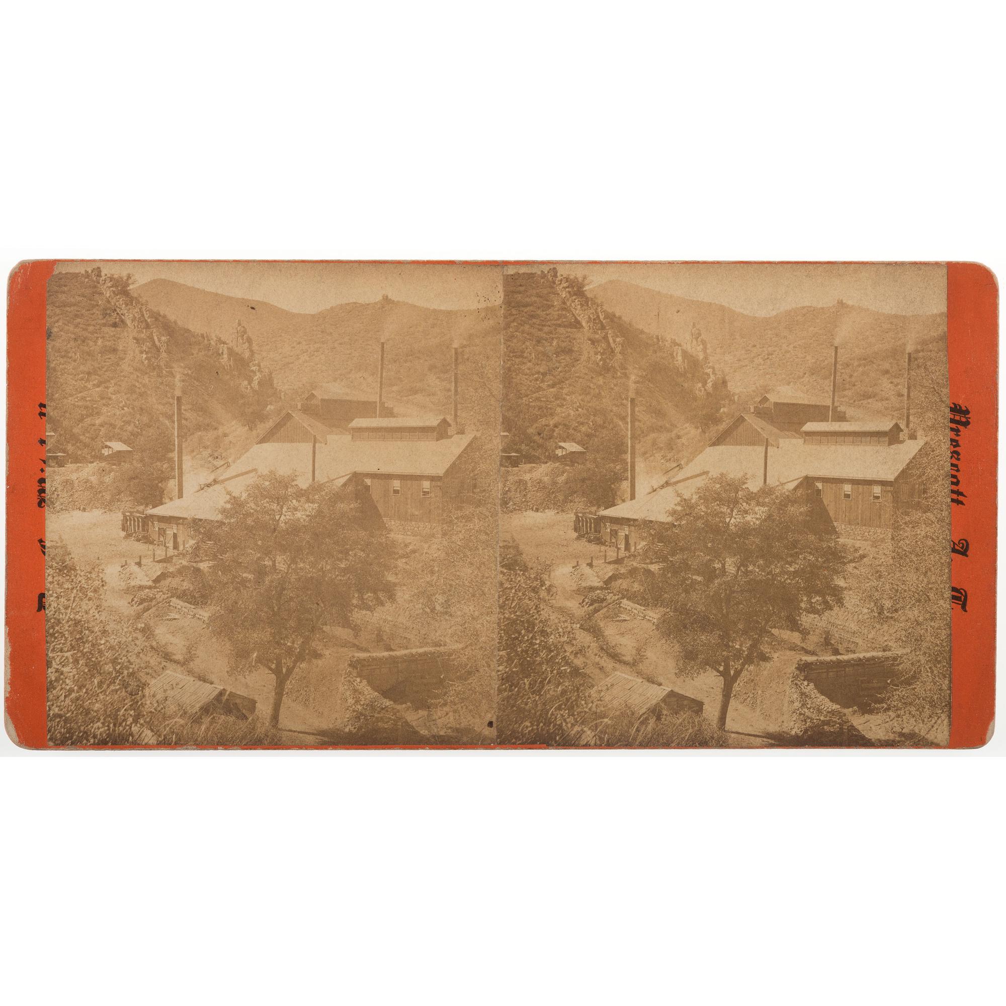 [MINING - ARIZONA]. MITCHELL, D.F., photographer. A group of 3 stereoviews, incl. images of Peck Mill & Ledge and Tiger Camp in the Bradshaw mountains. Prescott, Arizona Territory: ca 1880s.