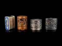 Four Chinese Covered Boxes and A Silvered Metal Mounted Bamboo Opium Pipe