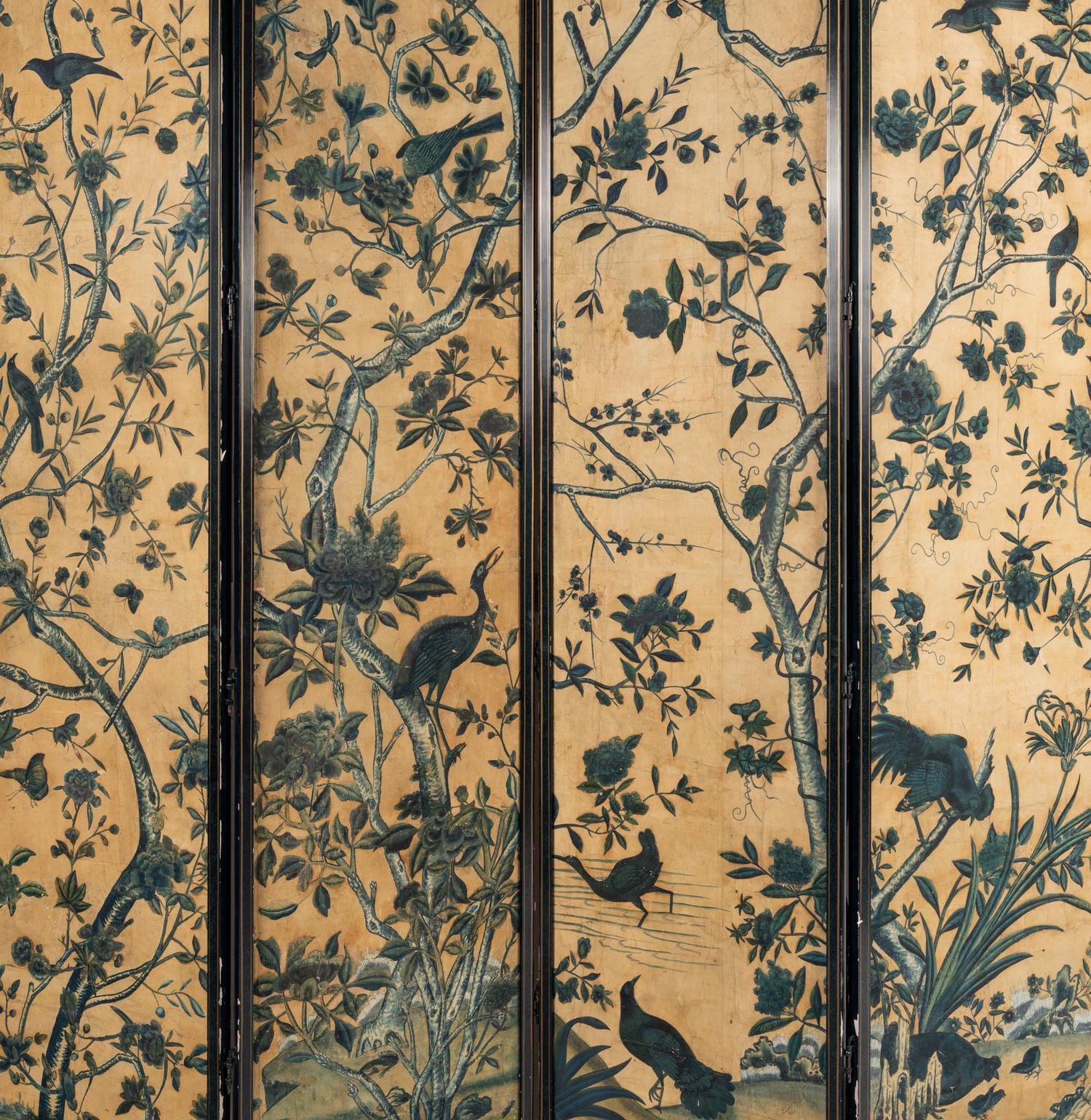 A Chinese Export Blue and White Wallpaper Four-Panel Screen