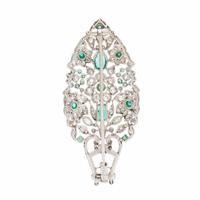 Art Deco, French, Diamond, Emerald, and Moonstone Giardinetto Brooch