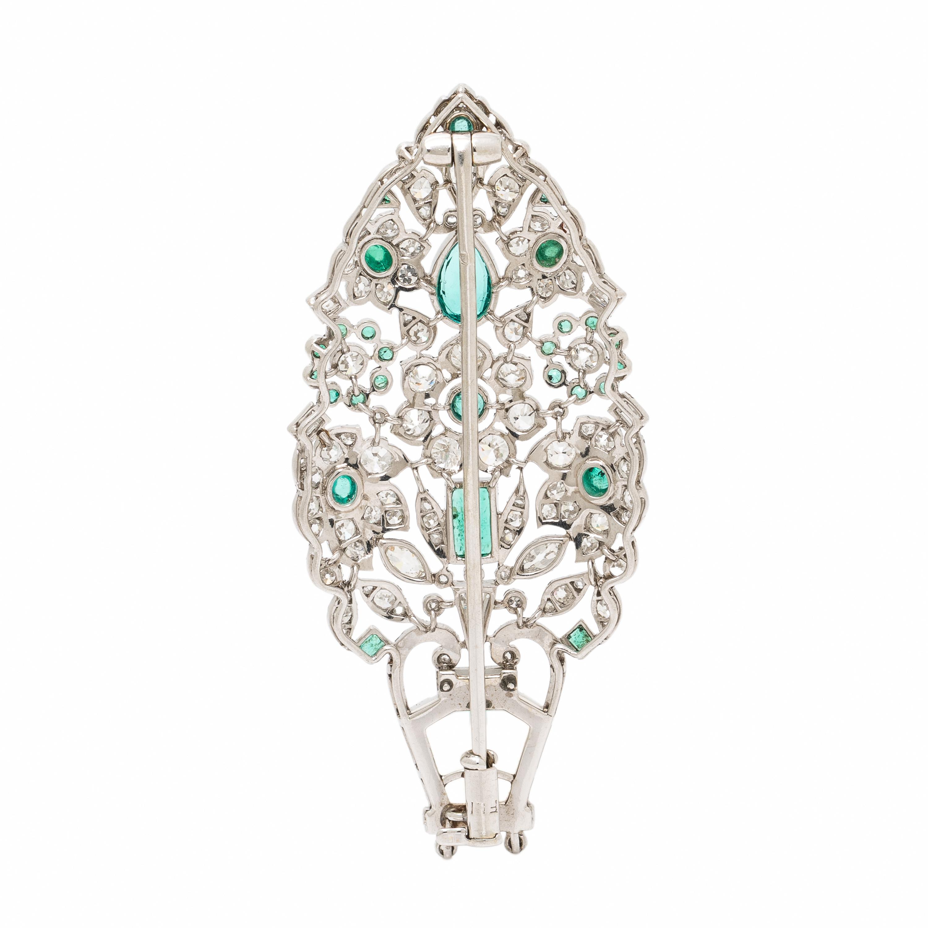 Art Deco, French, Diamond, Emerald, and Moonstone Giardinetto Brooch