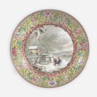 A Chinese enameled eggshell porcelain "Winter Landscape" dish, signed Yu Wenxiang, and a vase 薄胎瓷盘及人物画瓷瓶 20th century ????
