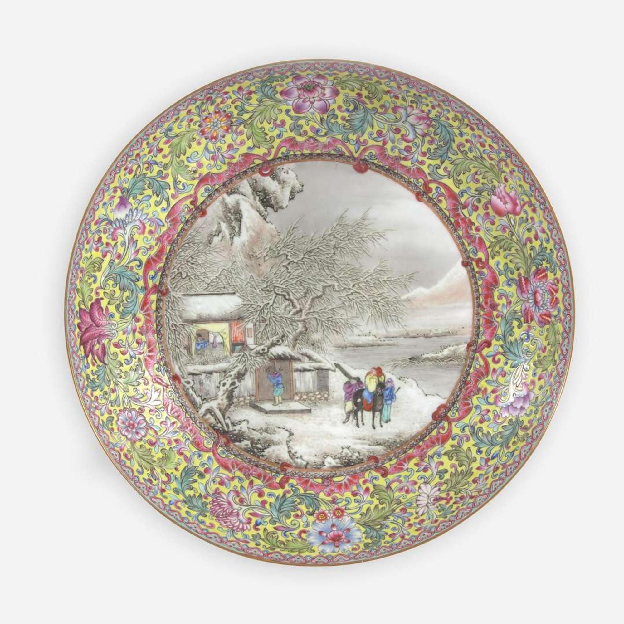 A Chinese enameled eggshell porcelain "Winter Landscape" dish, signed Yu Wenxiang, and a vase 薄胎瓷盘及人物画瓷瓶 20th century ????