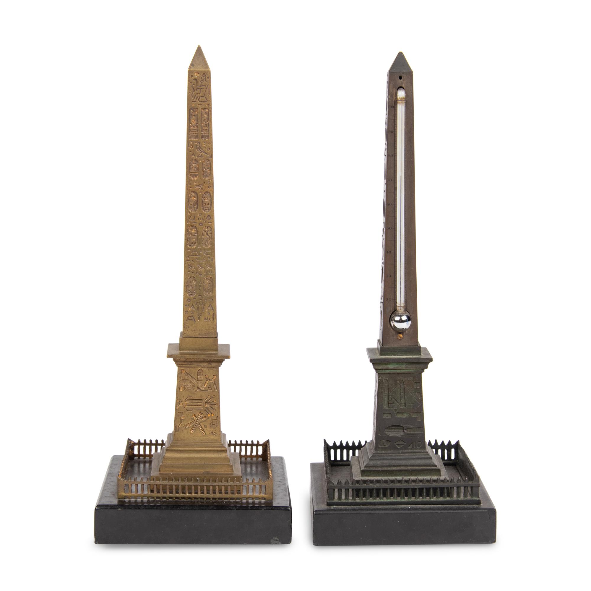 Two Grand Tour Bronze Luxor Obelisk Thermometers