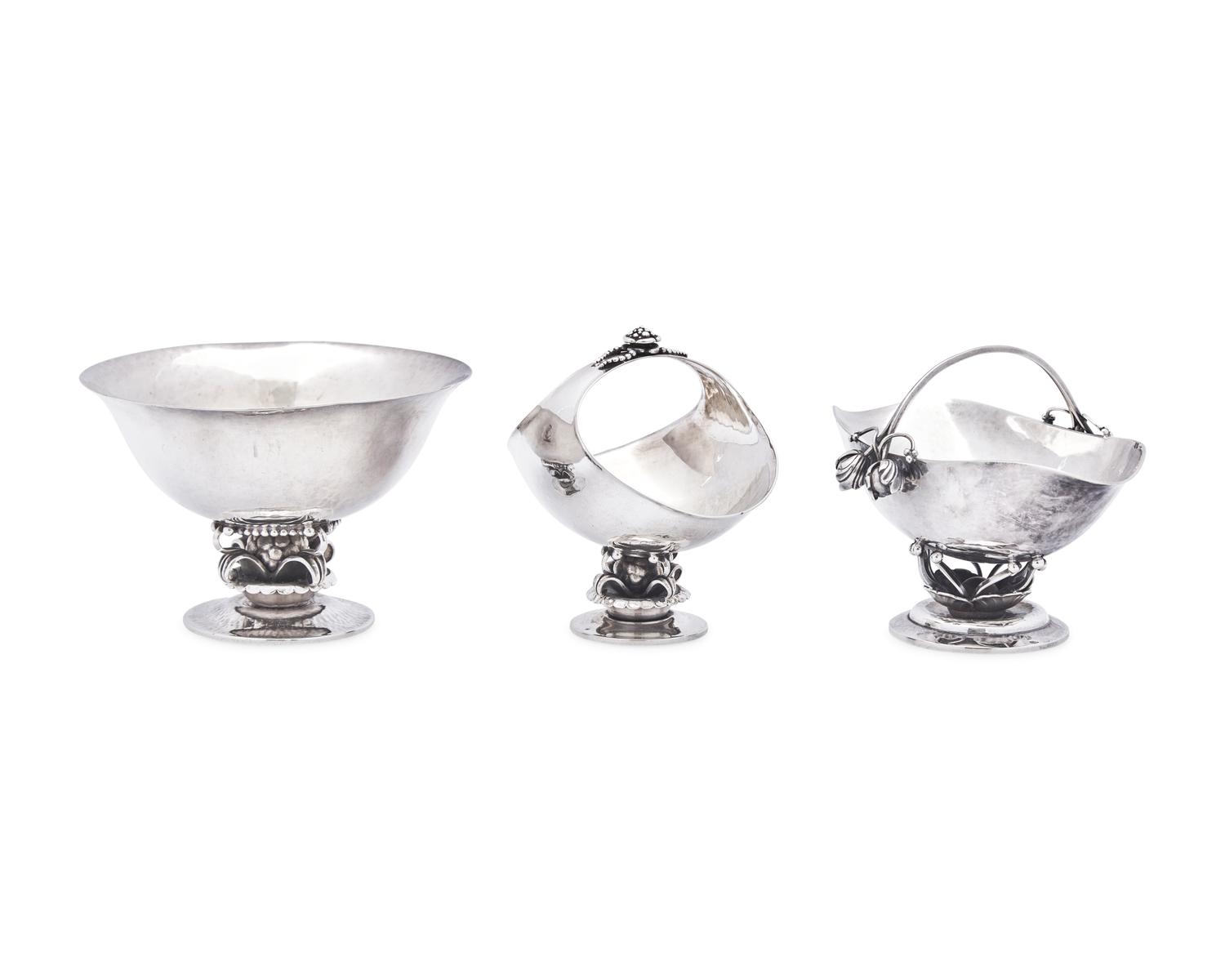 A Georg Jensen Silver Bowl and Two Sugar Baskets