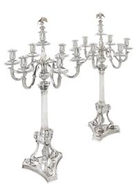 A Pair of German Silver Seven-Light Candelabra, Josef Krischer Nachfolger, Dusseldorf, Early 20th Century, the fluted columnar standard