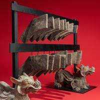 A Rare Chinese Painted Earthenware Chimera and Chimes Set, Qing and Bixie, Western Han Dynasty — 西漢 灰陶編磬一組連辟邪座