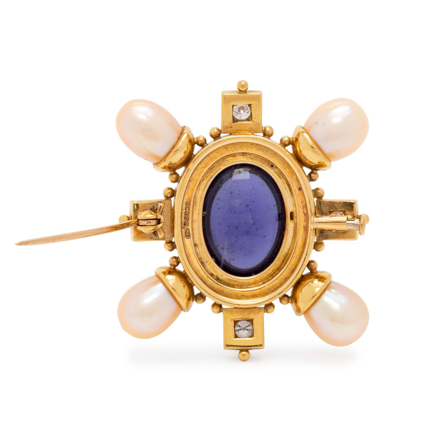 IOLITE, DIAMOND AND CULTURED PEARL BROOCH