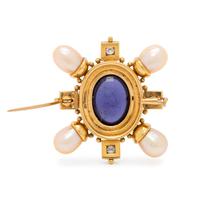 IOLITE, DIAMOND AND CULTURED PEARL BROOCH