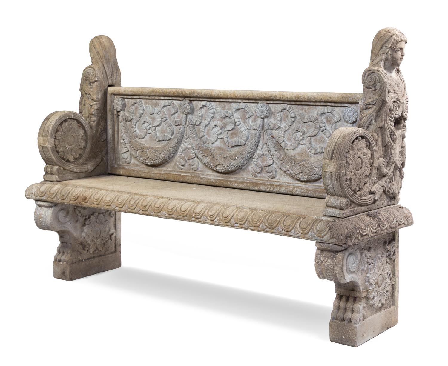 A Neoclassical Cast Stone Garden Bench Width 72 1/4 inches.