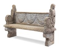 A Neoclassical Cast Stone Garden Bench Width 72 1/4 inches.