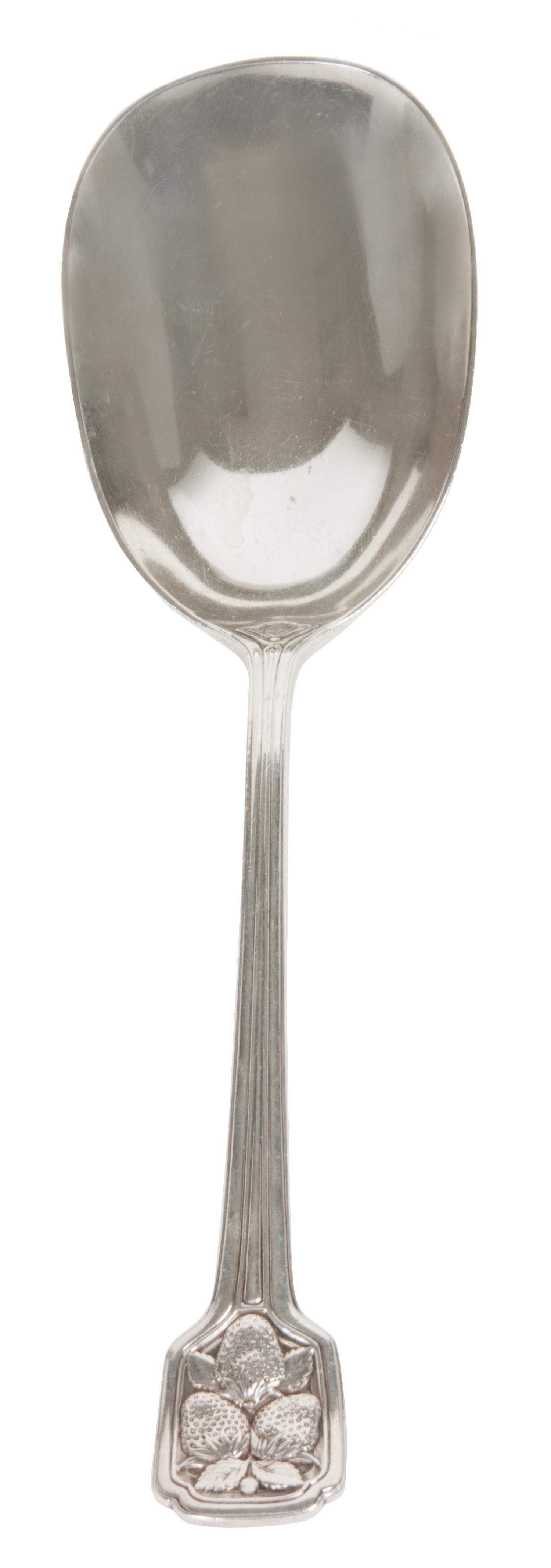 An American Silver Berry Spoon, Tiffany & Co., New York, NY, in the "strawberry" pattern, stamped sterling. Engraved initials MG.