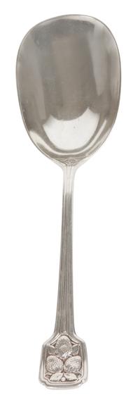 An American Silver Berry Spoon, Tiffany & Co., New York, NY, in the "strawberry" pattern, stamped sterling. Engraved initials MG.