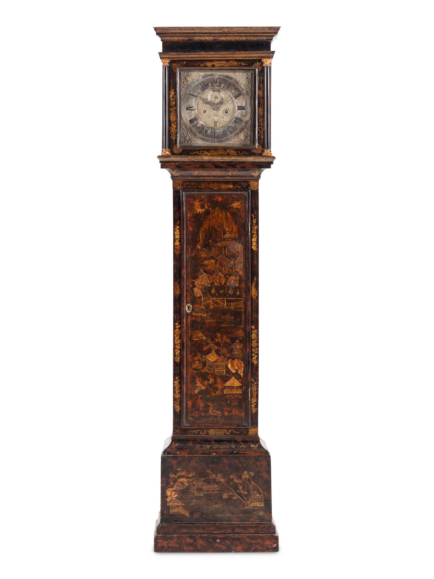 An English Black Japanned Tall Case Clock