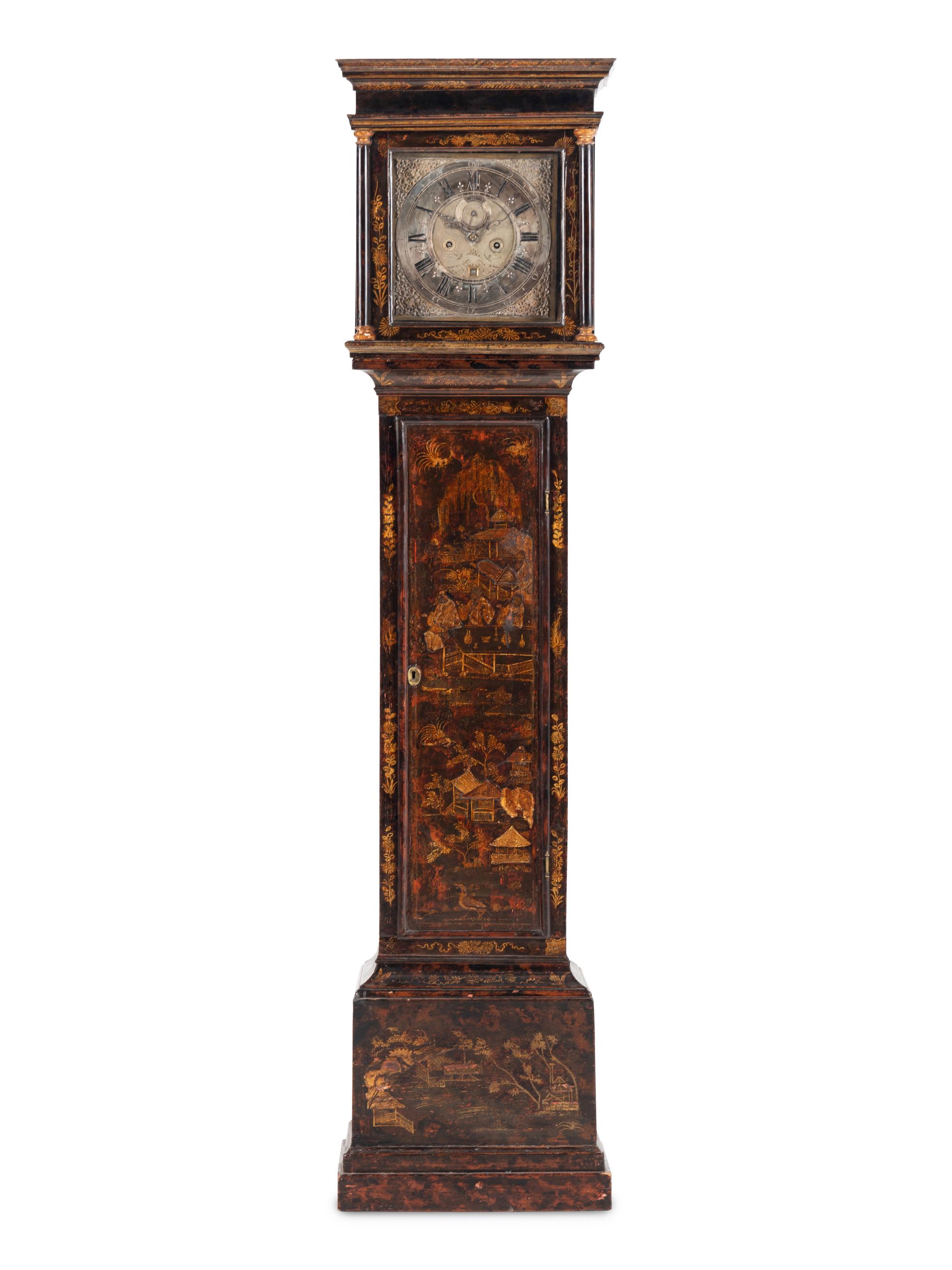An English Black Japanned Tall Case Clock