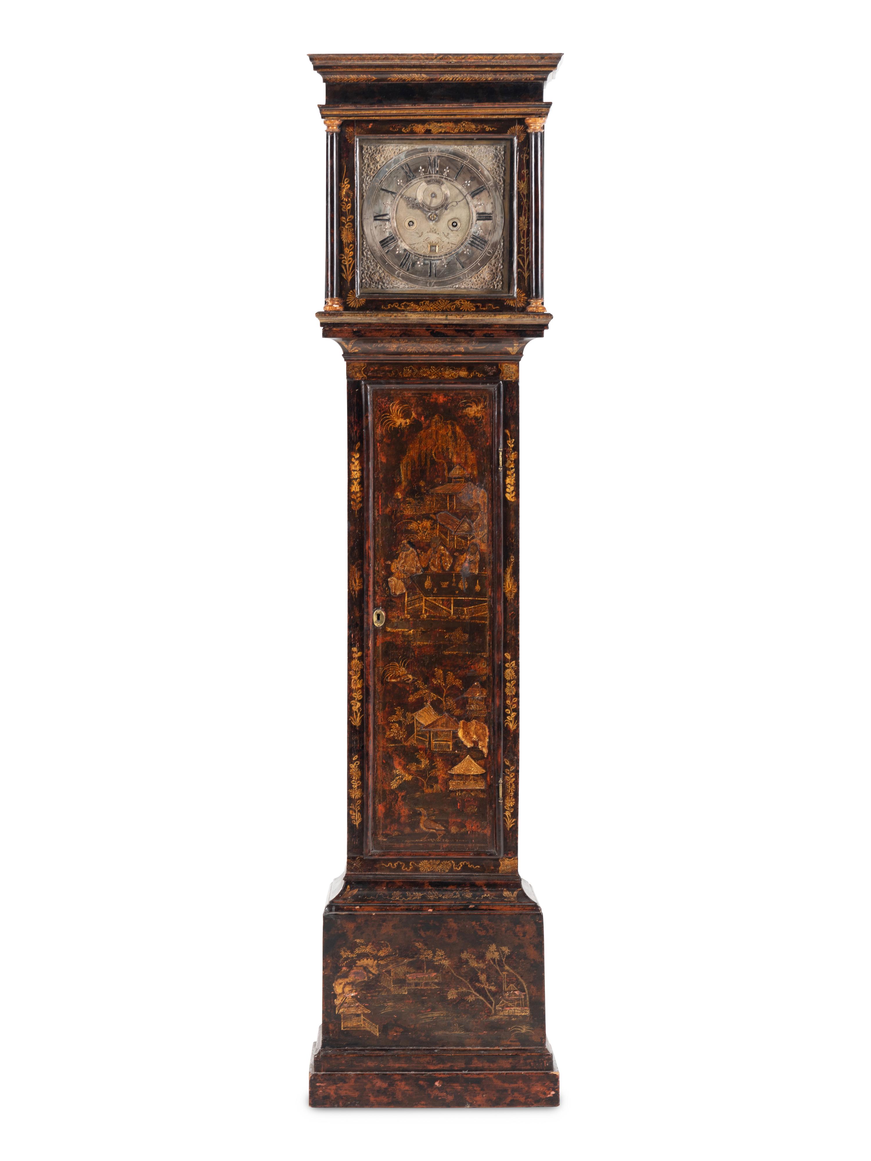 An English Black Japanned Tall Case Clock