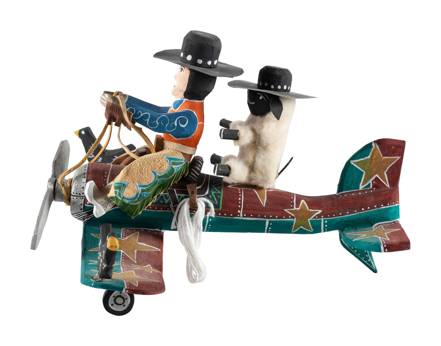 Carved and Painted Airplane, with Cowboy Pilot and Sheep Copilot