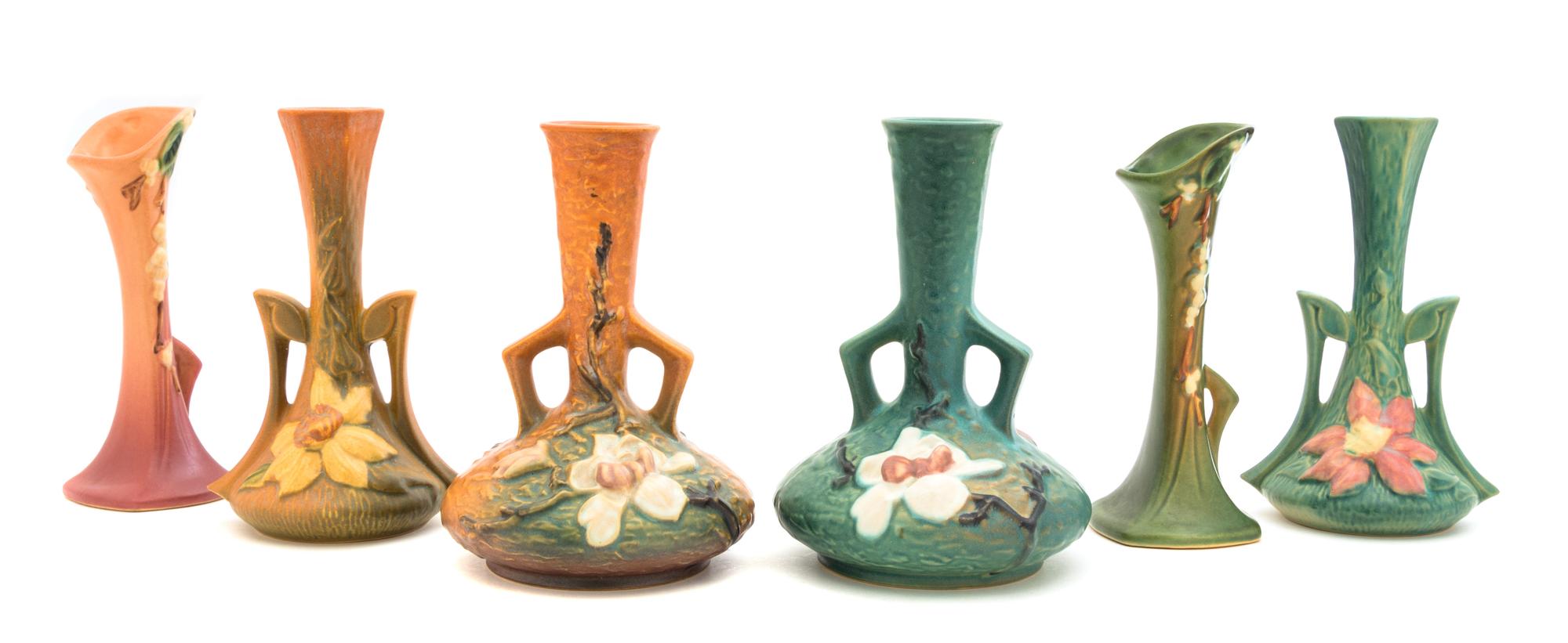 Three Pairs of Roseville Bud Vases Height of tallest pair 7 1/2 inches.