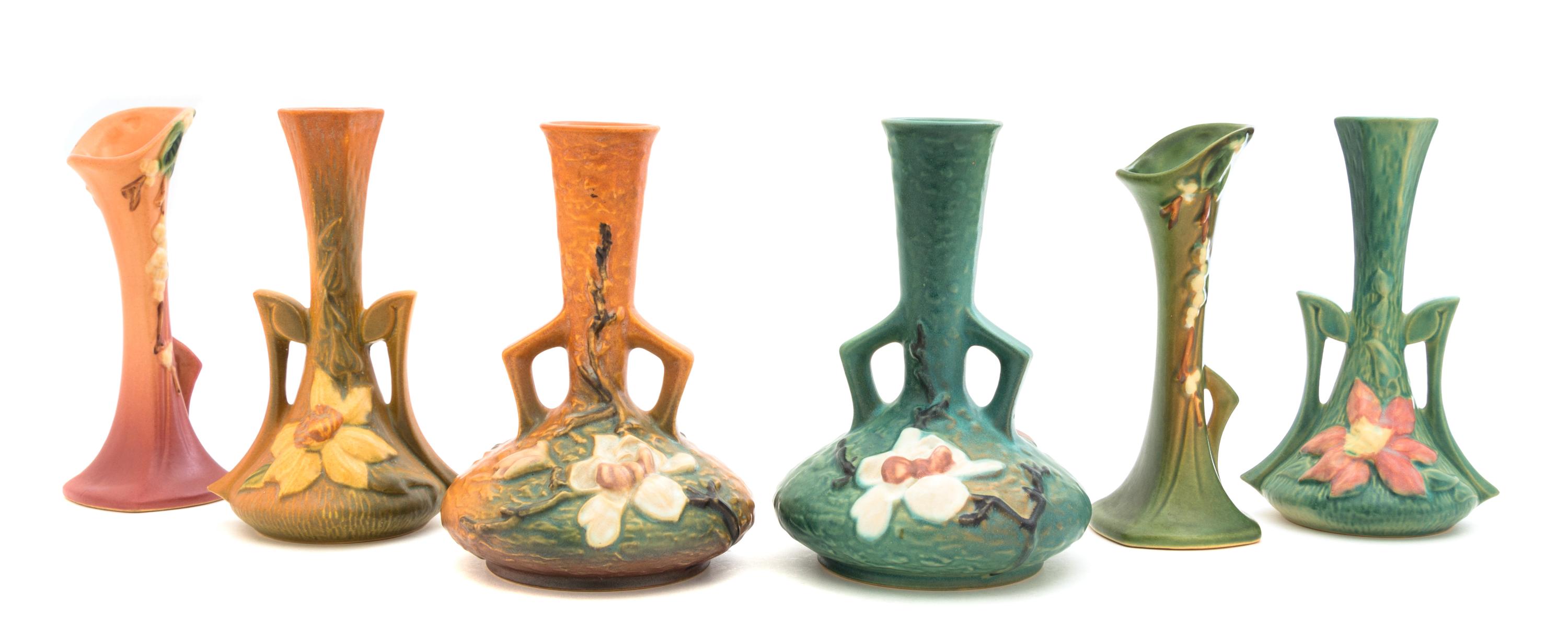 Three Pairs of Roseville Bud Vases Height of tallest pair 7 1/2 inches.