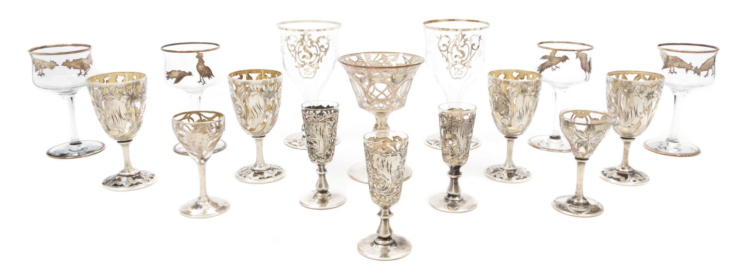 A Group of Silver Overlay Glass Stemware Height of tallest 5 1/4 inches.