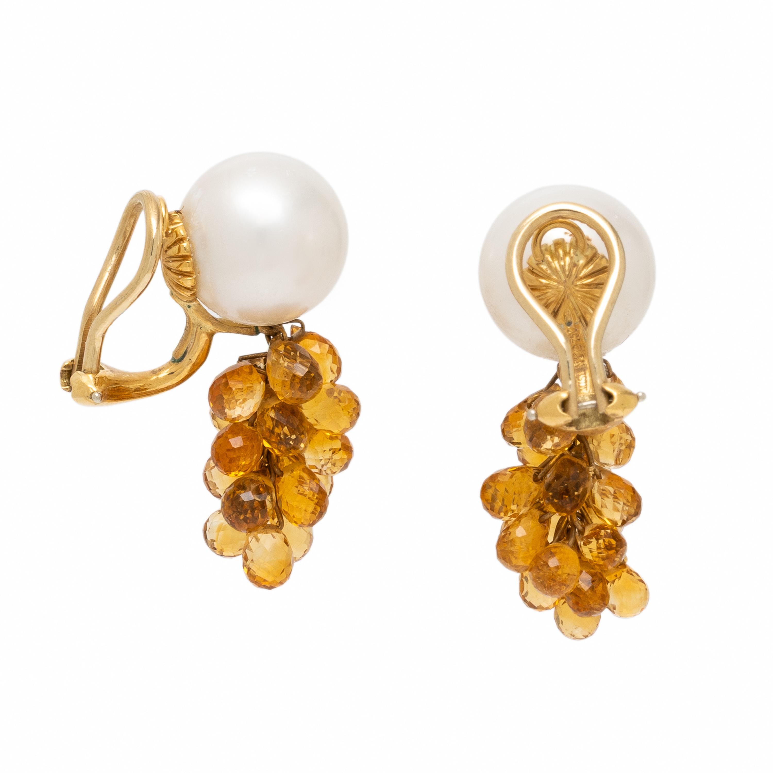 Mish, Cultured Pearl, Citrine, and Yellow Gold Earrings
