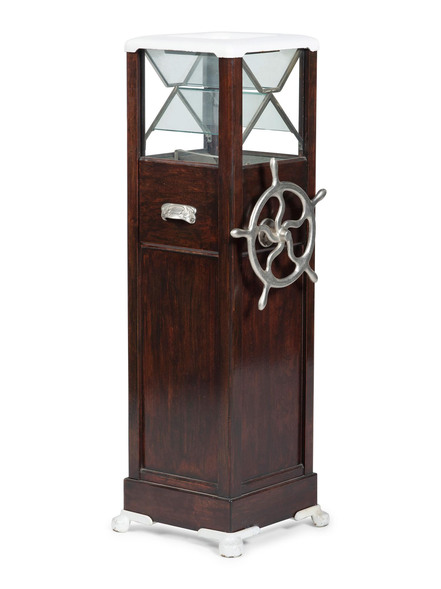 An Enameled Metal Mounted Walnut Floor Model Ticket Shredder