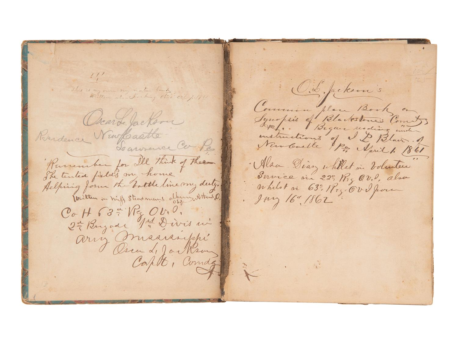 JACKSON, Col. Oscar L. (1840-1920). Five journals, incl. descriptions of Oscar L. Jackson's political activism during the 1860 campaign and his service with 63rd OVI, with campaign broadside noting Jackson as a speaker.