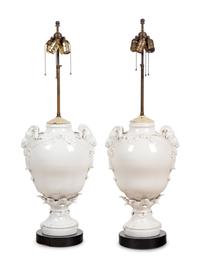 A Pair of German Blanc-de-Chine Porcelain Urns Mounted as Lamps