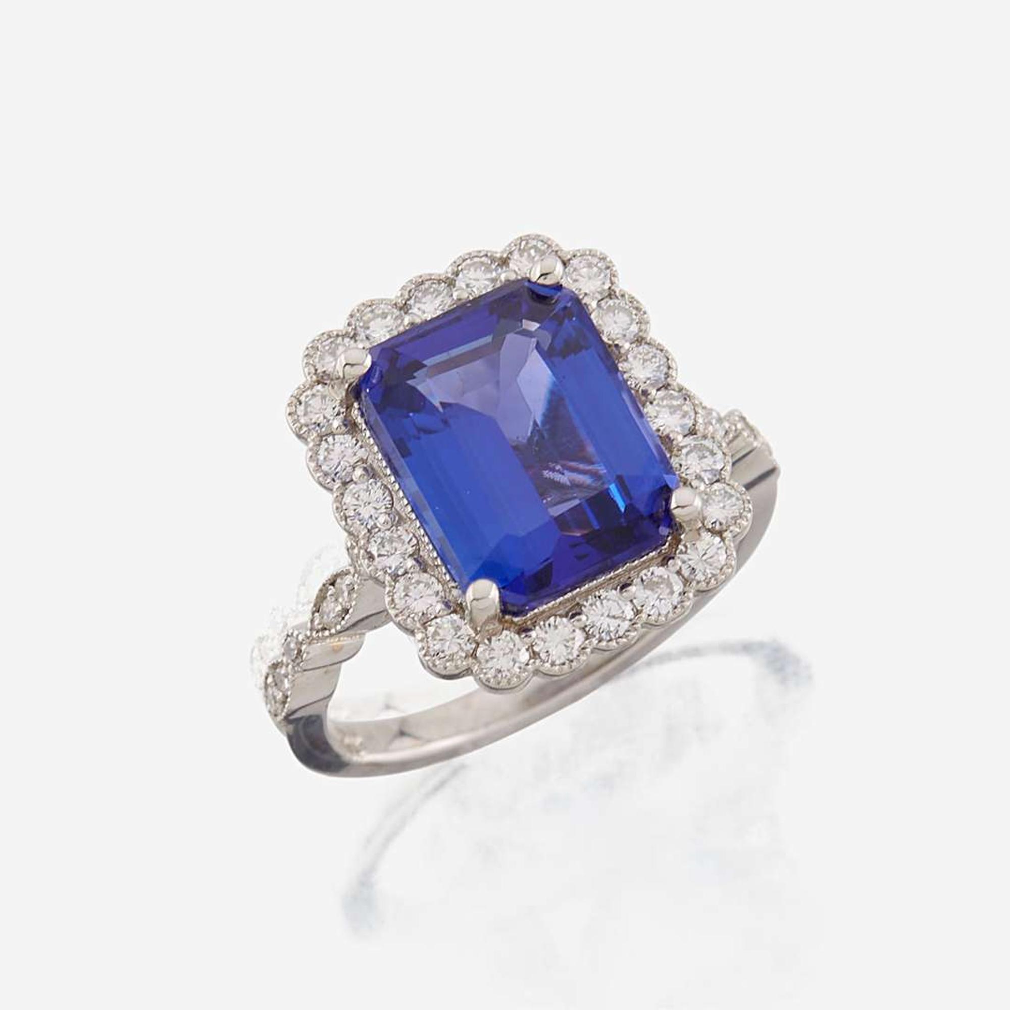 A tanzanite, diamond, and white gold ring