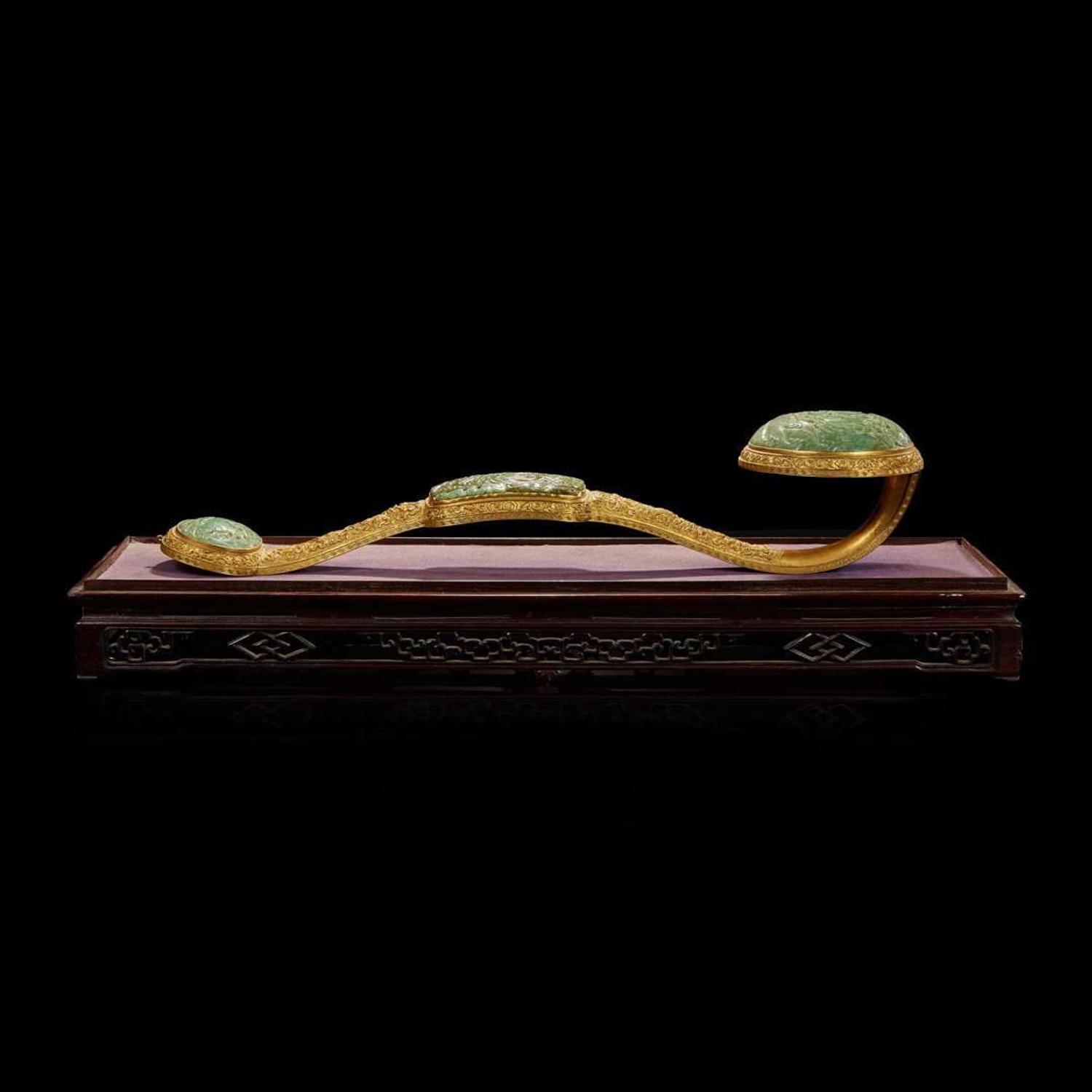 A Chinese jadeite mounted gilt bronze ruyi scepter and wood stand 銅鎏金嵌翡翠如意及木底座