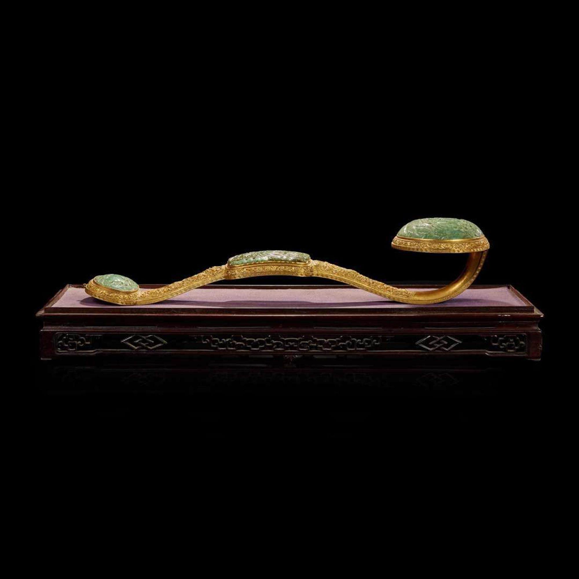 A Chinese jadeite mounted gilt bronze ruyi scepter and wood stand 銅鎏金嵌翡翠如意及木底座