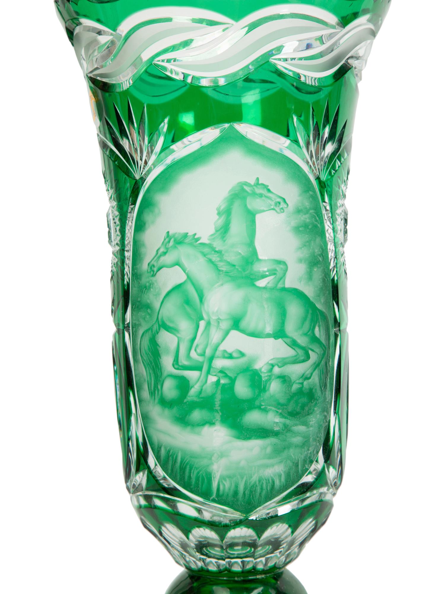 Two Continental Color Cut-to-Clear Glass Vases and a Cut Glass Pitcher — 20TH CENTURY
