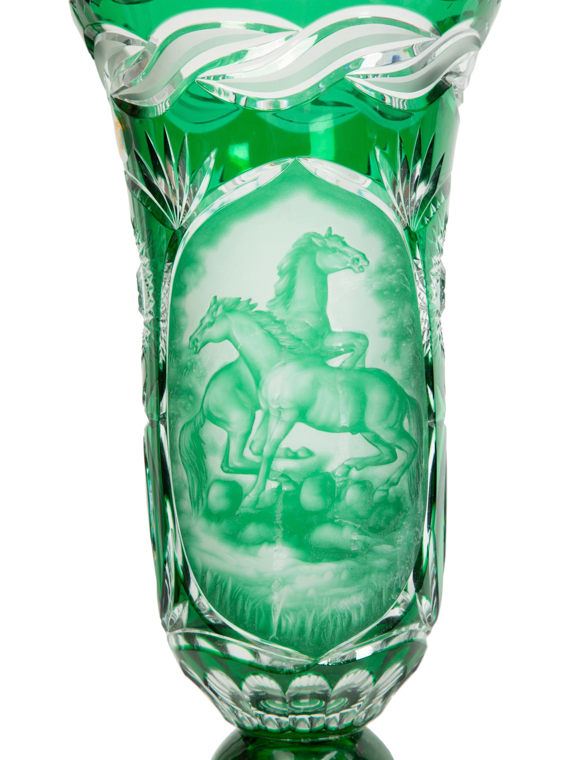 Two Continental Color Cut-to-Clear Glass Vases and a Cut Glass Pitcher — 20TH CENTURY